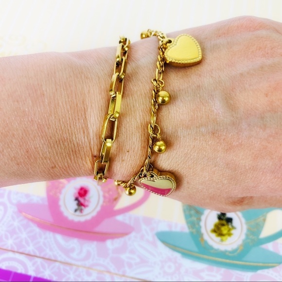 Double Heart Double Chain Gold Tone Charm Bracelet - Picture 2 of 5